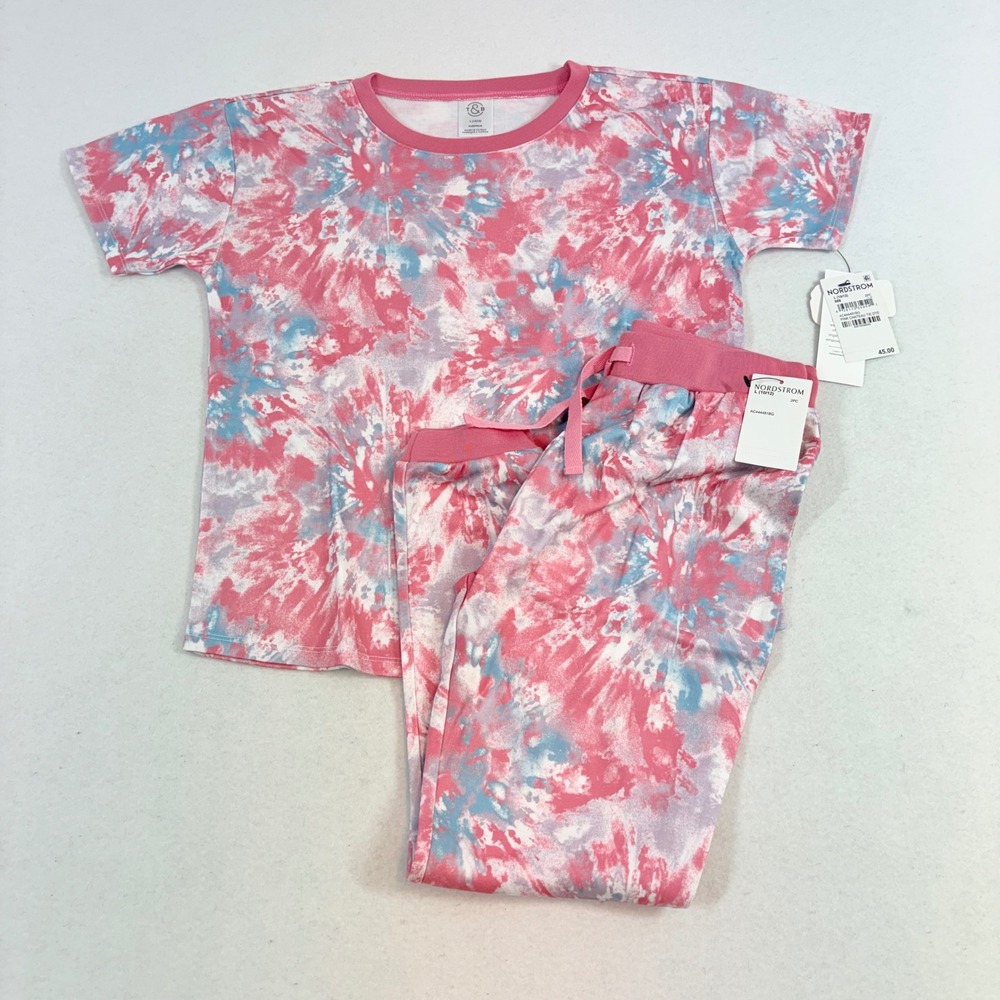 T&B Nordstrom Pajama Set Kids L 10/12 Pink Chateau Tie Dye 2pc Sleepwear NEW $45